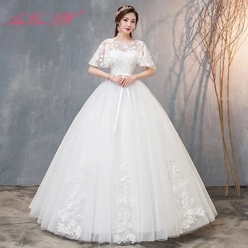 AnXin SH принцеса бяло цвете дантелено сватбена рокля реколта илюзия за образно деколте и ръкав 