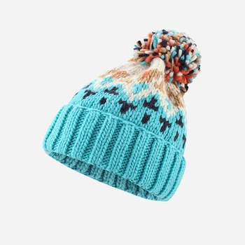 EUMOAN Топло синя вязаная капачка за жени INS Модерен цветна топка за коса Коледна шапка Есен зима корея защита на ушите козината