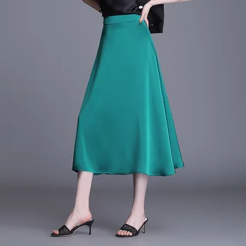 Модерна Елегантна Зелена Дълга Пола Трапецовидна Форма за Жени, Летни Свободни Ежедневни Поли в Корейски Стил, с висока Талия, Големи Люлки