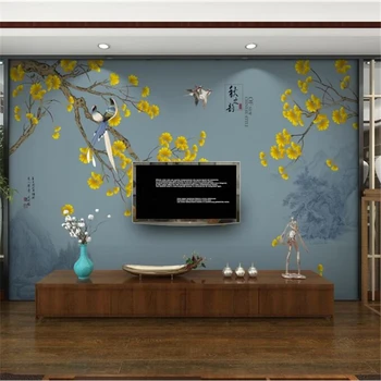 Потребителски тапети 3d стенопис нов китайски гинко ръчно рисувани цветя и птици ТЕЛЕВИЗИЯ фон стенни декоративна живопис 3d тапети